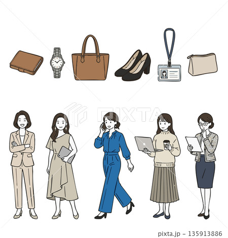お洒落なオフィスカジュアルで働くキャリアウーマンのイラストセット 135913886