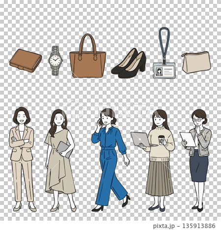 お洒落なオフィスカジュアルで働くキャリアウーマンのイラストセット 135913886