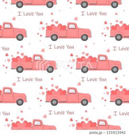 Red pickup truck with I love You hearts Seamless Pattern. Saint Valentine Day Background. Vector illustration. 135913942