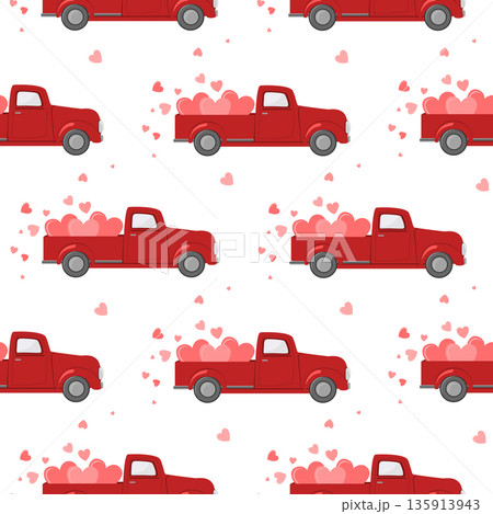 Red pickup truck with hearts Seamless Pattern. Saint Valentine Day Background. Vector illustration. Red pickup truck with hearts Seamless Pattern. Saint Valentine Day Background. Vector illustration. 135913943