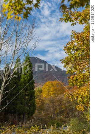 日本 鳥取県日野郡江府町の烏ヶ山展望駐車場からの烏ヶ山と紅葉 日本 鳥取県日野郡江府町の烏ヶ山展望駐車場からの烏ヶ山と紅葉 135914020
