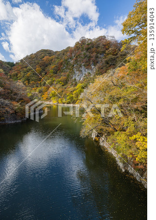 日本 広島県庄原市東城町にある帝釈峡 ダム湖である神龍湖と紅葉した木々 日本 広島県庄原市東城町にある帝釈峡 ダム湖である神龍湖と紅葉した木々 135914043