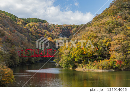 日本　広島県庄原市東城町にある帝釈峡　神龍湖に流入する帝釈川にかかる神龍橋と紅葉 135914066