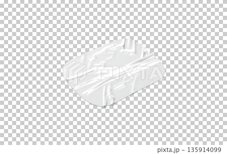 Blank white square adhesive crumpled tape mockup, png, transparent background 3d rendering. Empty sticky attached tape for fix mock up, cut out. Clear wrinkly sticking tag with film material template. 135914099