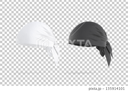Blank black and white bandana head wrap mockup png, transparent background, 3d rendering, Empty fabric neckerchief for desert mock up, cut out. Clear accessory wrapped headhood or cover template. Blank black and white bandana head wrap mockup png, transparent background, 3d rendering, Empty fabric neckerchief for desert mock up, cut out. Clear accessory wrapped headhood or cover template. 135914101