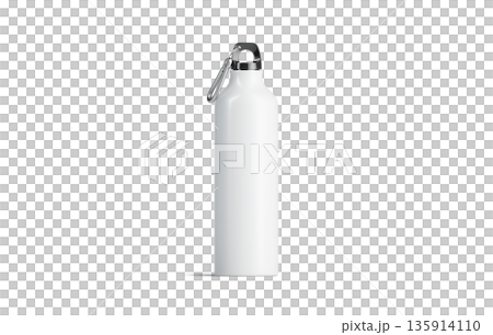 Blank white sport bottle mock up side view, png, transparent background, 3d rendering. Empty container for water mockup cut out. Clear metal flask with beverage for bicycle clip template. 135914110