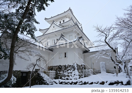 城内の天守閣と冠雪した風景（大垣城） 135914253