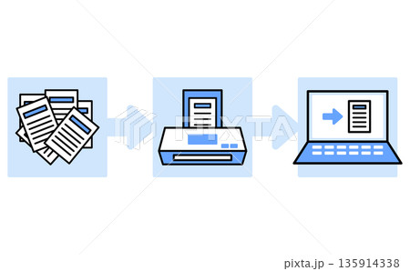 大量の書類をスキャンしてパソコンでデータ管理する業務DXの工程を示したイラスト 大量の書類をスキャンしてパソコンでデータ管理する業務DXの工程を示したイラスト 135914338