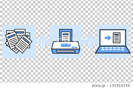 大量の書類をスキャンしてパソコンでデータ管理する業務DXの工程を示したイラスト 大量の書類をスキャンしてパソコンでデータ管理する業務DXの工程を示したイラスト 135914338