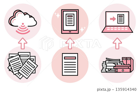 デジタル化して紙の書類をクラウド管理へ集約する業務DXの対応関係を示したイラスト デジタル化して紙の書類をクラウド管理へ集約する業務DXの対応関係を示したイラスト 135914340