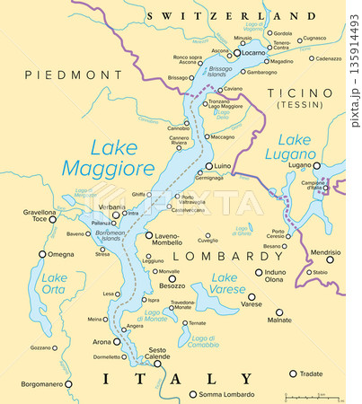 Lake Maggiore, large lake in Italy and Switzerland, political map. Lake situated on the south side of the Alps, divided between Italian regions Piedmont and Lombardy, and Swiss canton Ticino. Vector Lake Maggiore, large lake in Italy and Switzerland, political map. Lake situated on the south side of the Alps, divided between Italian regions Piedmont and Lombardy, and Swiss canton Ticino. Vector 135914493