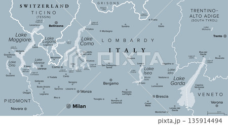 Italian Lakes, Italian Lake District, gray political map. Group of lakes in Northern Italy and partly Switzerland on south side of the Alps. Largest lakes Lake Maggiore, Lake Como, Lake Garda. Vector 135914494