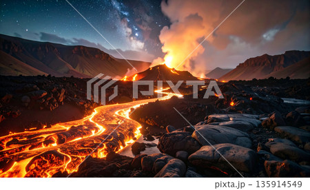 Volcanic Lava Flow Night. Nature Concept. Generated Image Volcanic Lava Flow Night. Nature Concept. Generated Image 135914549
