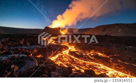 Volcanic Lava Flow Night. Nature Concept. Generated Image Volcanic Lava Flow Night. Nature Concept. Generated Image 135914551