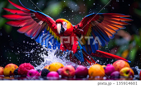 Macaw in Amazon Canopy. Nature Concept. Generated Image Macaw in Amazon Canopy. Nature Concept. Generated Image 135914601