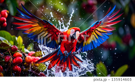 Macaw in Amazon Canopy. Nature Concept. Generated Image Macaw in Amazon Canopy. Nature Concept. Generated Image 135914603