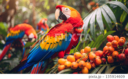 Macaw in Amazon Canopy. Nature Concept. Generated Image Macaw in Amazon Canopy. Nature Concept. Generated Image 135914609