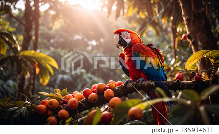 Macaw in Amazon Canopy. Nature Concept. Generated Image Macaw in Amazon Canopy. Nature Concept. Generated Image 135914611