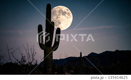 Moonrise Over Desert Cactus . Nature Concept. Generated Image 135914625