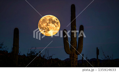 Moonrise Over Desert Cactus . Nature Concept. Generated Image 135914633