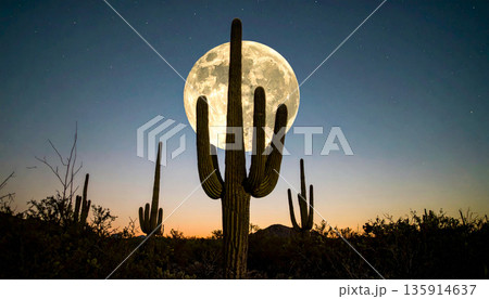 Moonrise Over Desert Cactus . Nature Concept. Generated Image 135914637
