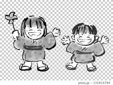 一幅毛筆畫風格的插圖,描繪了一個穿著和服、面帶微笑的孩子,風格類似於日本民間故事。 一幅毛筆畫風格的插圖,描繪了一個穿著和服、面帶微笑的孩子,風格類似於日本民間故事。 135914794