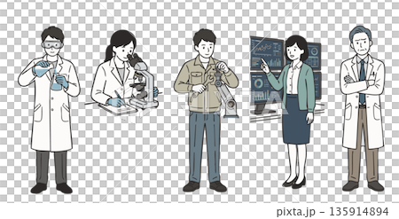 Illustration set of professionals conducting scientific research and development and experiments 135914894