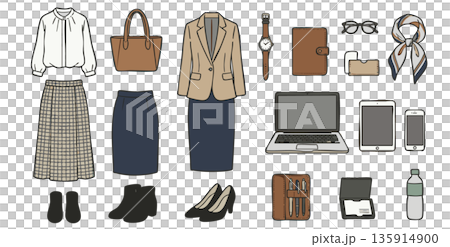 Illustration set of businesswoman's work clothes and belongings 135914900