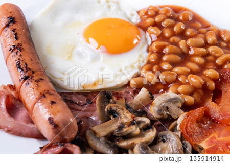 Full English breakfast with fried egg, bacon, sausages and beans Full English breakfast with fried egg, bacon, sausages and beans 135914914