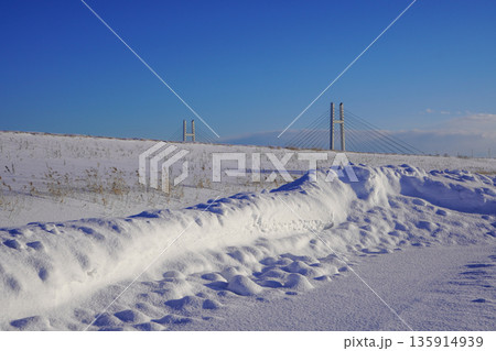 石狩川の堤防の向こうに見るたっぷ大橋 135914939