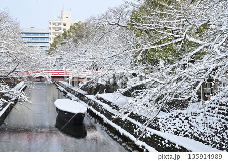 水門川の大垣船町川湊の雪景色（岐阜県大垣市） 135914989