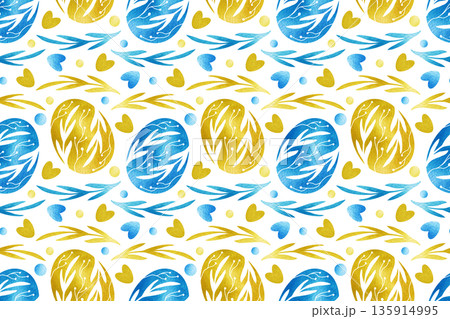 Seamless pattern of blue and gold watercolor Easter eggs and flowers on a white background. Spring holiday decorative print for textiles, dishes, and clothing. Hand-painted floral design. Seamless pattern of blue and gold watercolor Easter eggs and flowers on a white background. Spring holiday decorative print for textiles, dishes, and clothing. Hand-painted floral design. 135914995