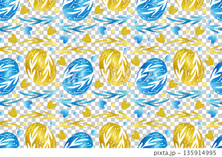 Seamless pattern of blue and gold watercolor Easter eggs and flowers on a white background. Spring holiday decorative print for textiles, dishes, and clothing. Hand-painted floral design. Seamless pattern of blue and gold watercolor Easter eggs and flowers on a white background. Spring holiday decorative print for textiles, dishes, and clothing. Hand-painted floral design. 135914995