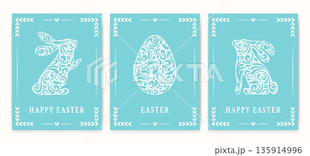 A set of Easter greeting posters. Vintage design using typography and hand-drawn decorative ornamental. A template for holiday greeting cards, flyers for spring sales, and postcards. A set of Easter greeting posters. Vintage design using typography and hand-drawn decorative ornamental. A template for holiday greeting cards, flyers for spring sales, and postcards. 135914996