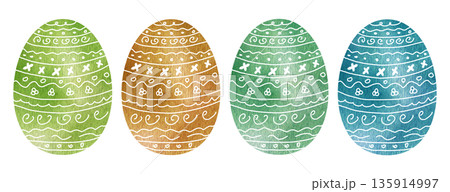 A set of watercolor Easter eggs with decorative designs in green, brown, and blue. A festive decoration for Easter celebrations. Ornamental eggs for spring designs. Isolated background 135914997
