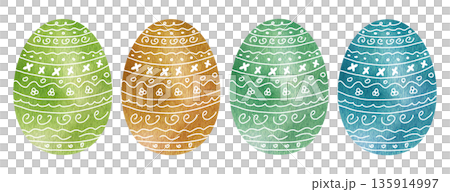 A set of watercolor Easter eggs with decorative designs in green, brown, and blue. A festive decoration for Easter celebrations. Ornamental eggs for spring designs. Isolated background 135914997
