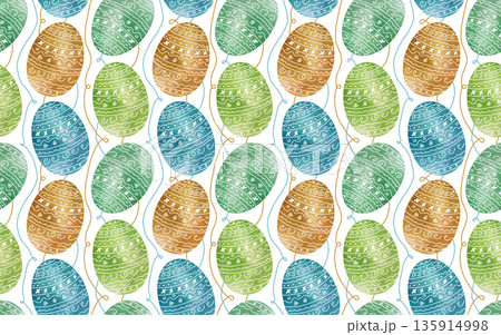 Seamless pattern with vintage style watercolor Easter eggs. Festive painted eggs with ornate designs. Background design for spring holidays for textiles, wrapping paper, and white backgrounds. Seamless pattern with vintage style watercolor Easter eggs. Festive painted eggs with ornate designs. Background design for spring holidays for textiles, wrapping paper, and white backgrounds. 135914998