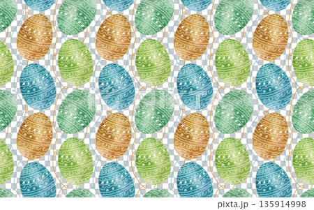 Seamless pattern with vintage style watercolor Easter eggs. Festive painted eggs with ornate designs. Background design for spring holidays for textiles, wrapping paper, and white backgrounds. Seamless pattern with vintage style watercolor Easter eggs. Festive painted eggs with ornate designs. Background design for spring holidays for textiles, wrapping paper, and white backgrounds. 135914998