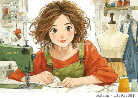美優シリーズ：着物をリメイクする女性｜手仕事の温もりを感じる和裁イラスト 135915081