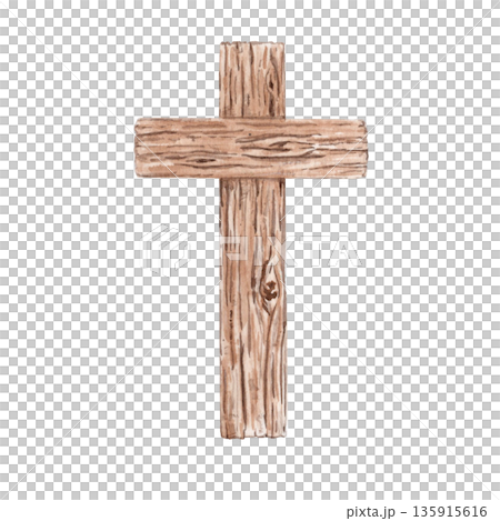 Wooden cross isolated, symbol of faith, sacrifice and spiritual reflection. Minimal watercolor illustration for Christian design, church graphics, devotional layouts and calm religious visual content 135915616