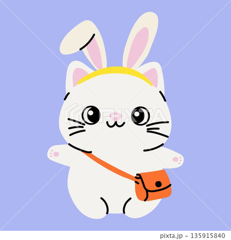 Cute White Cat with Bunny Ears and Orange Bag Cute White Cat with Bunny Ears and Orange Bag 135915840
