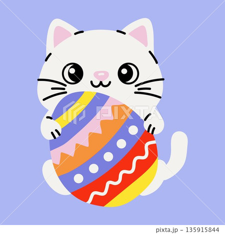 Cute White Cat Holding Colorful Easter Egg 135915844