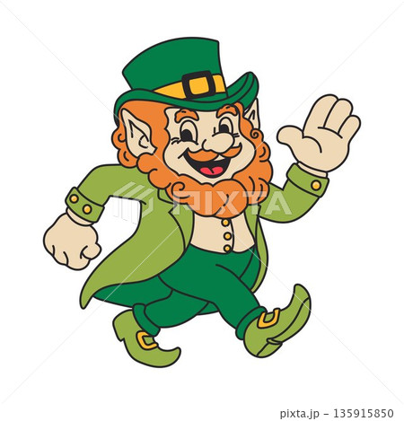 Cheerful Leprechaun in Green Outfit Waving 135915850