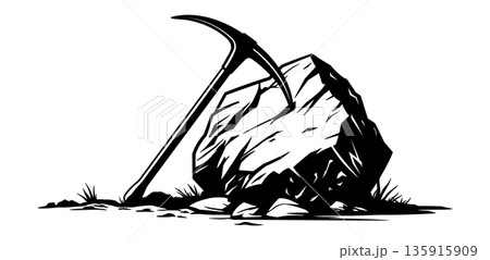 Black silhouette of a pickaxe leaning against a stone, without background. 135915909