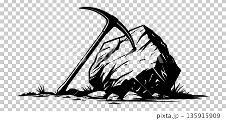 Black silhouette of a pickaxe leaning against a stone, without background. Black silhouette of a pickaxe leaning against a stone, without background. 135915909