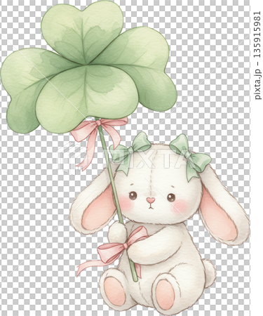 Adorable bunny holding a green shamrock like an...のイラスト素材 [135915981 ...