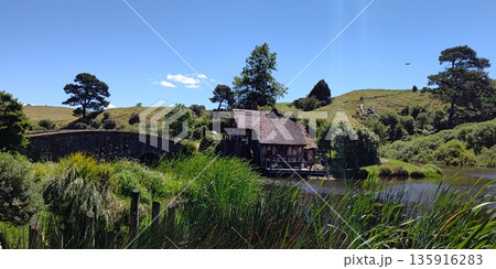 ホビット村、グリーンドラゴンから見る橋と水車小屋【ニュージーランド・マタマタ】 135916283