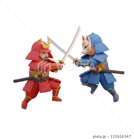 Action-packed 3d cartoon scene of two samurai warriors locked in an intense duel with raised katanas, ready for clash 135916347