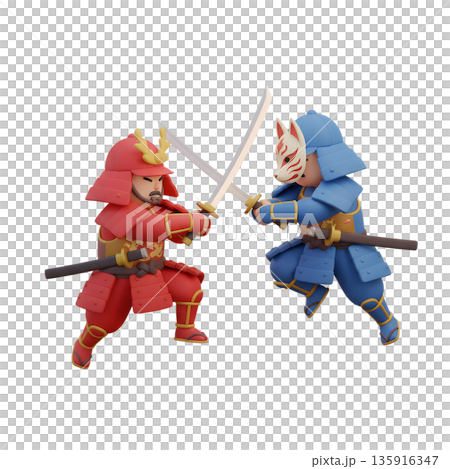 Action-packed 3d cartoon scene of two samurai warriors locked in an intense duel with raised katanas, ready for clash 135916347