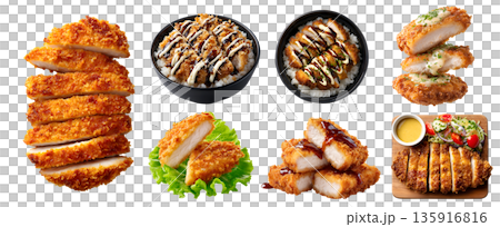 Set of pork chicken meat cutlet, breaded Deep-fried tonkatsu katsu, serving wooden board, bowl with mayonnaise sauce, stack pile slice broken bite, transparent cutout PNG. Many different style mockup 135916816